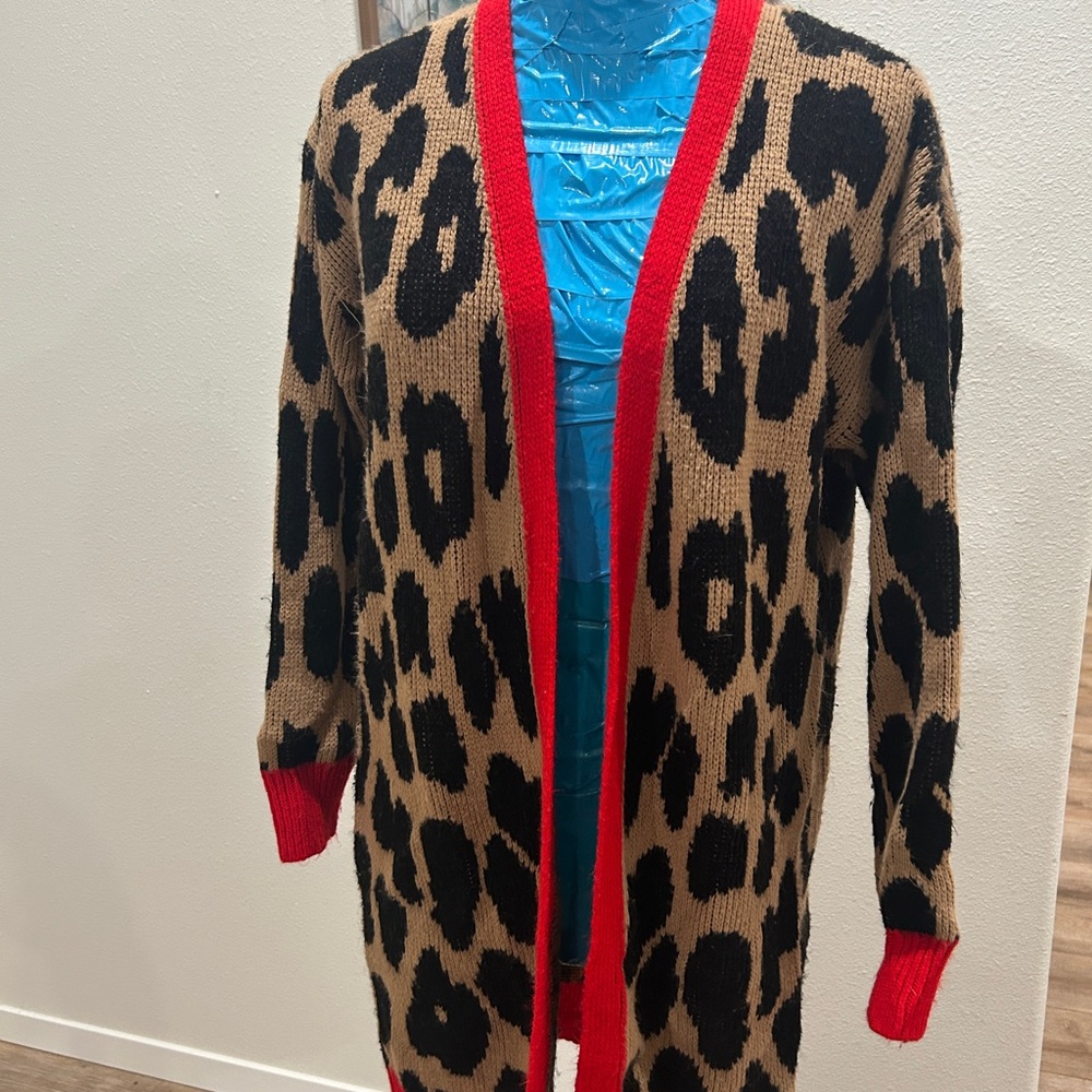 Leopard Print Cardigan with Red Trim